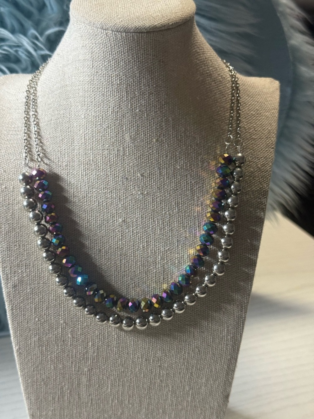 Iridescent Multi-Color & Silver Beaded Statement Necklace - Women Jewelry